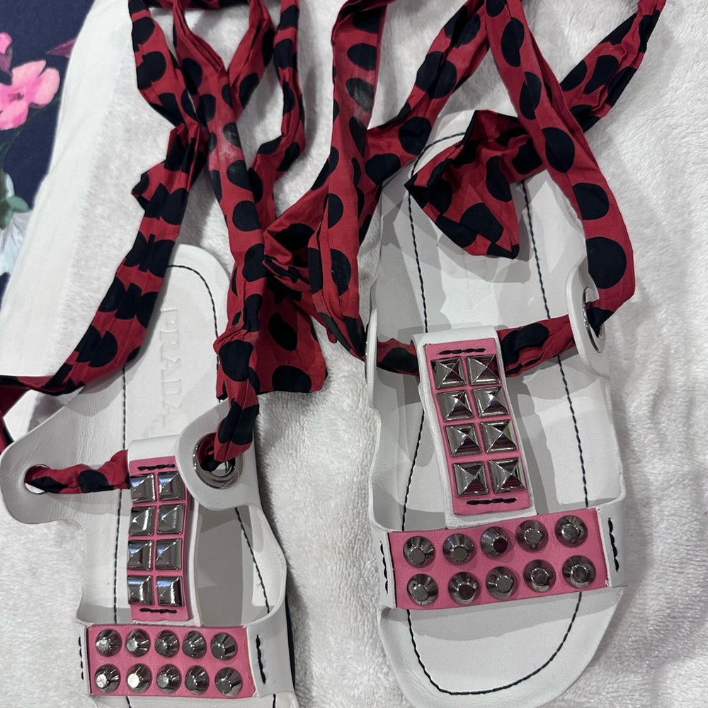 Prada White and Pink Sandals with Black Accents